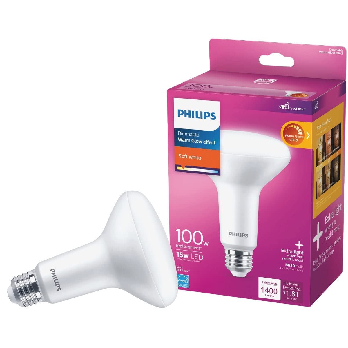 Philips BR30 LED Indoor Flood Bulb with Warm Glow Effect,1400-Lumen, 2700-2200-Kelvin, 15 Watts (100-Watt Equivalent), E26 Base, Soft White