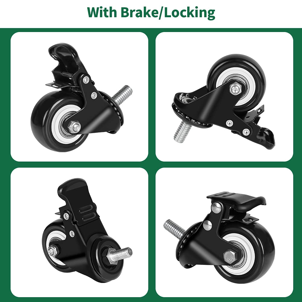 8T8 Replacement Locking Casters with Screw in Stem 3/8'',Set of 4, Heavy Duty, Rubber Caster Wheels with Hex Nut,Caster Wheel 3/8" with 16 TPI Threaded