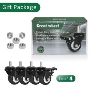 8T8 Replacement Locking Casters with Screw in Stem 3/8'',Set of 4, Heavy Duty, Rubber Caster Wheels with Hex Nut,Caster Wheel 3/8" with 16 TPI Threaded