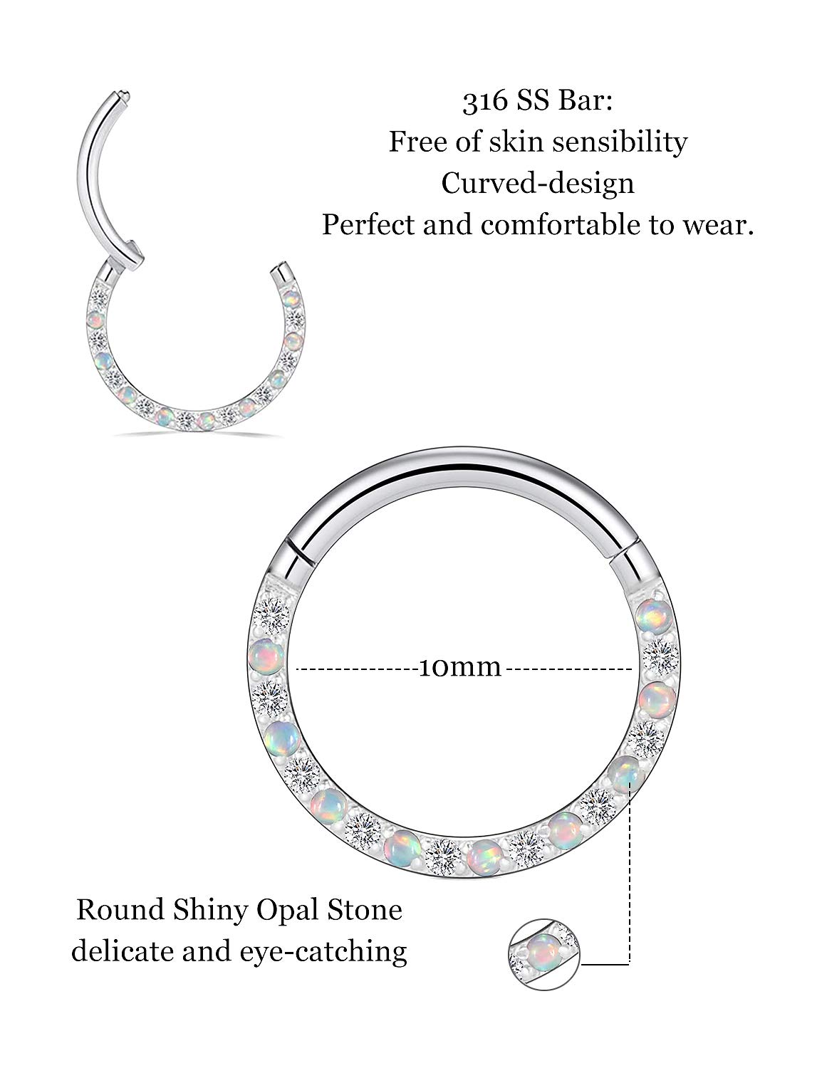 Uzgtvy 16G Opal Hinged Septum Rings Piercing Jewelry Clicker 316L Surgical Stainless Steel Seamless Segment Cartilage Helix Rook Daith Earring Lip Septum Nose Rings Piercing Jewerly Women Men Silver