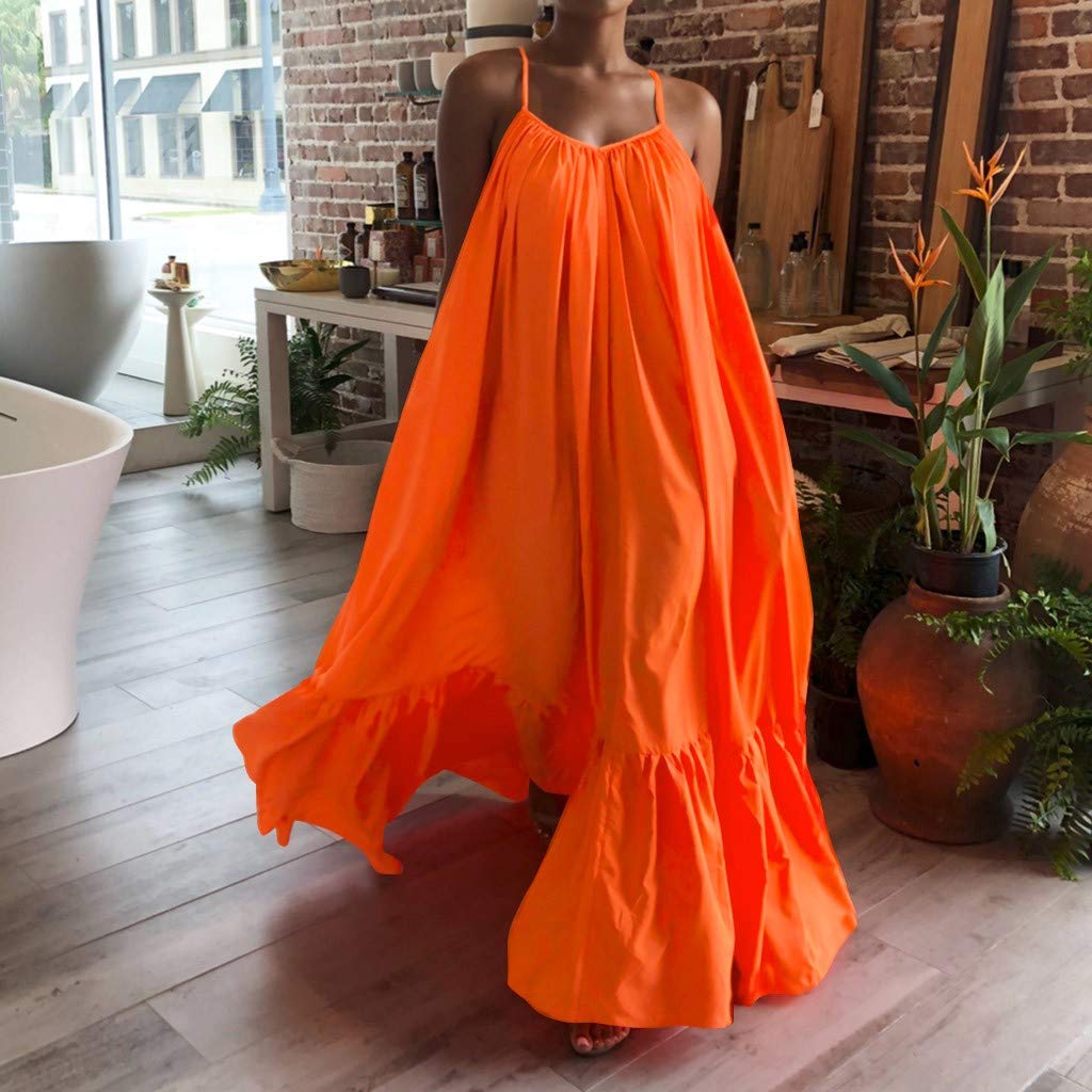 IXnzadn Women Solid Color Long Dresses Sleeveless Off Shoulder Spaghetti Strap Dress Casual Loose Big Swing Maxi Dress Orange,X-Large