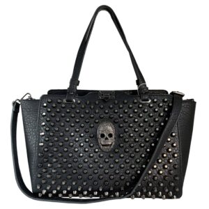 fivelovetwo women skull handbag purse gothic top-handle shoulder bag pu rivet tote satchel black