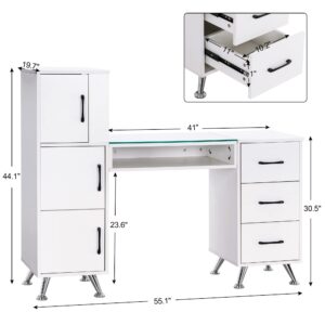 BarberPub Manicure Table, Nail Makeup Desk with Drawers, Storage Beauty Salon Workstation 2611 (White)