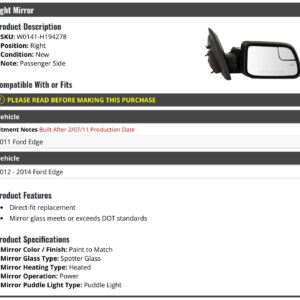 Marketplace Auto Parts Right Passenger Side Power Mirror - Heated, Spotter Glass, Puddle Light - Compatible with 2011-2014 Ford Edge (From 2/07/2011)