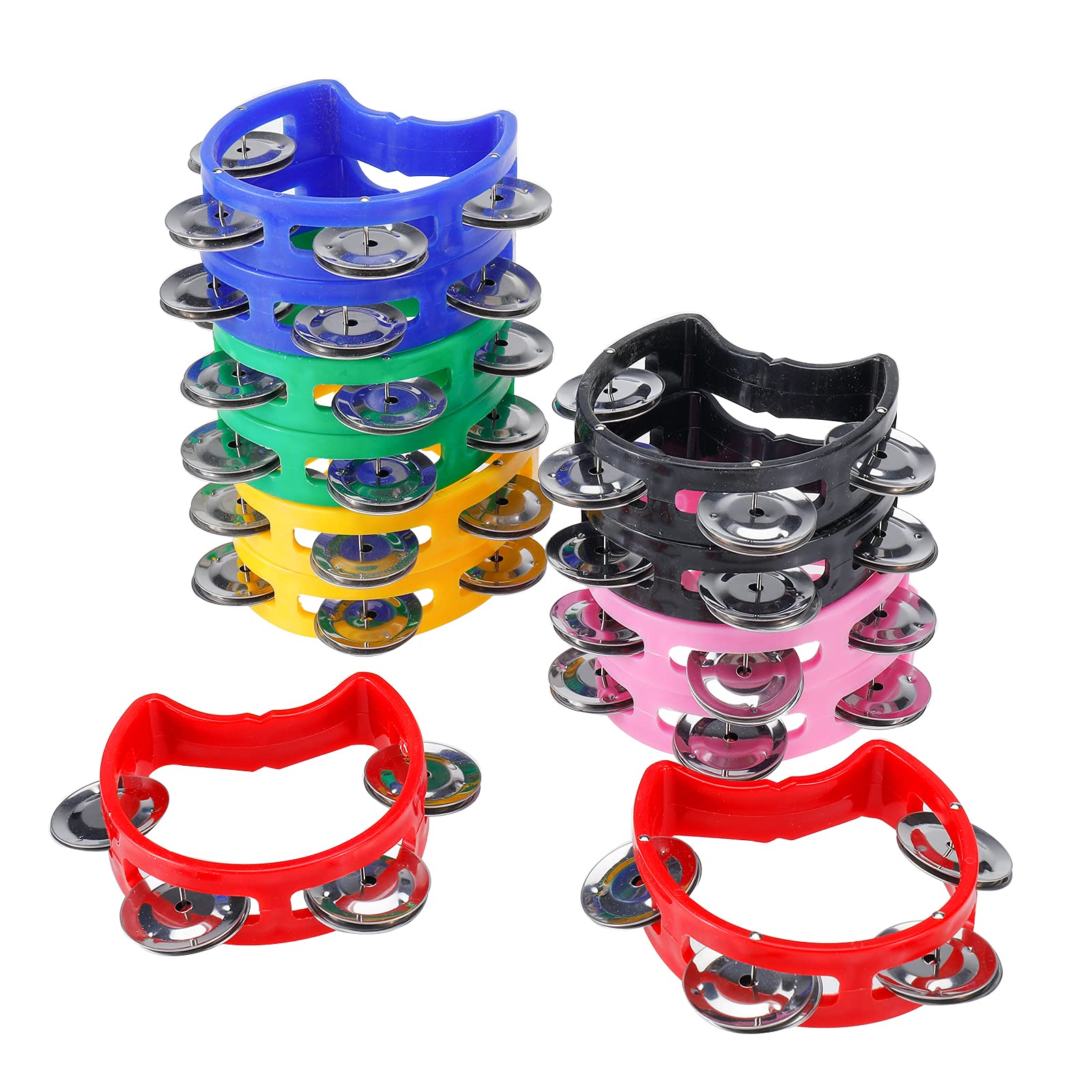 Patioer Hand Tambourine Bells, 12 Pcs Plastic Musical Percussion Tambourine with 4 Bells, Metal Jingles Tambourines