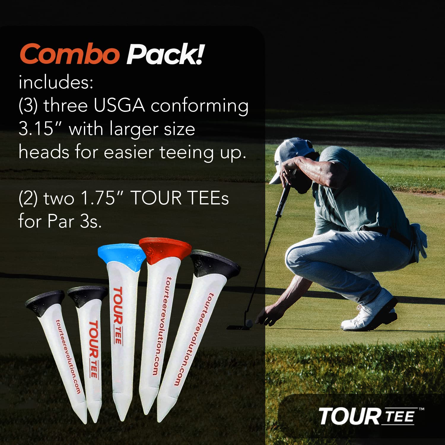 CMC Design Tour Tee Combo Pack - Frictionless Golf Tees for More Distance & Consistent Yards - Three 3.15” and Two 1.75” Golf Tees