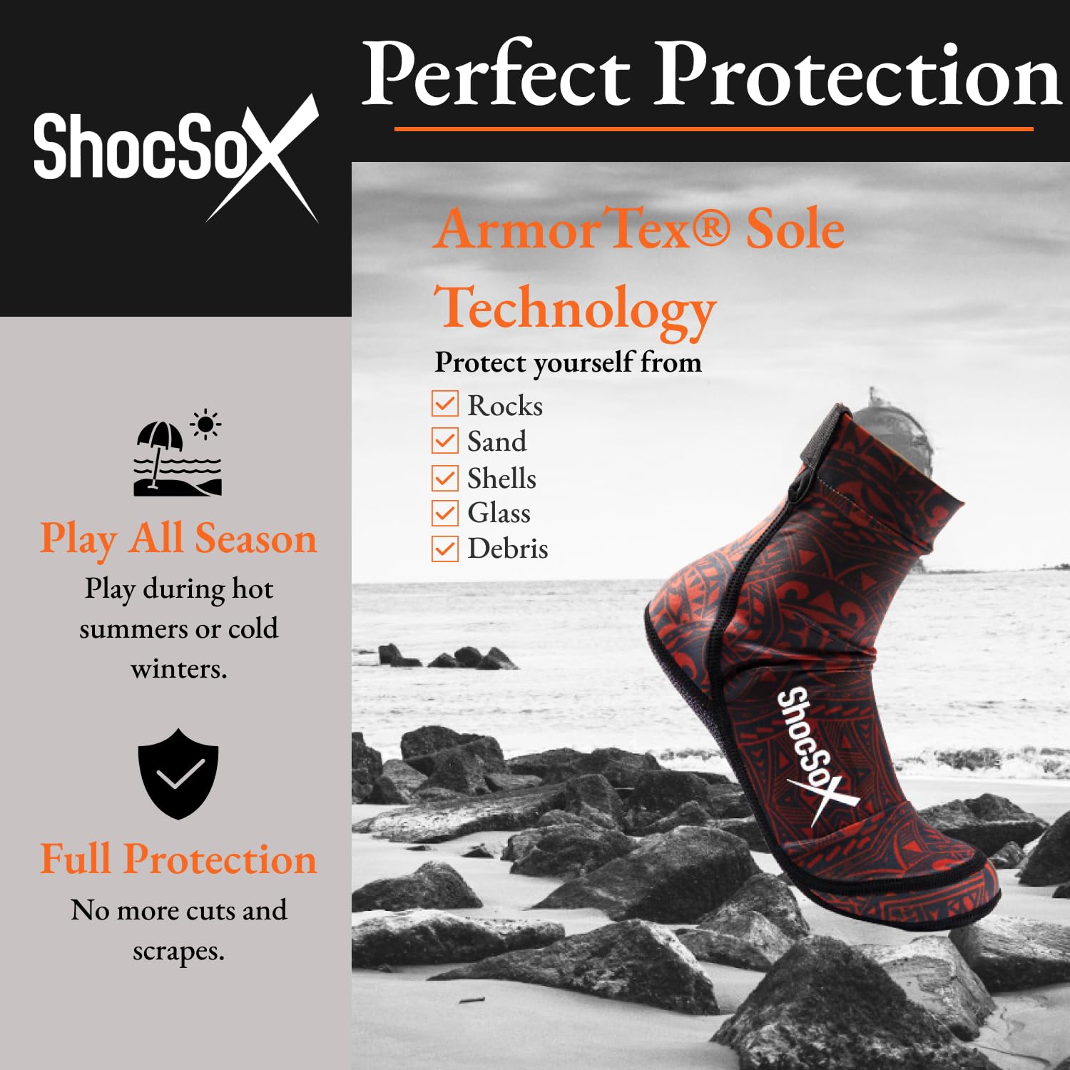 ShocSox ArmorTex® Beach Volleyball Socks and Sand Soccer Socks with ArmorTex® Soles Longest Lasting Beach Socks (US, Alpha, X-Large, Regular, Regular, Red Polynesian)