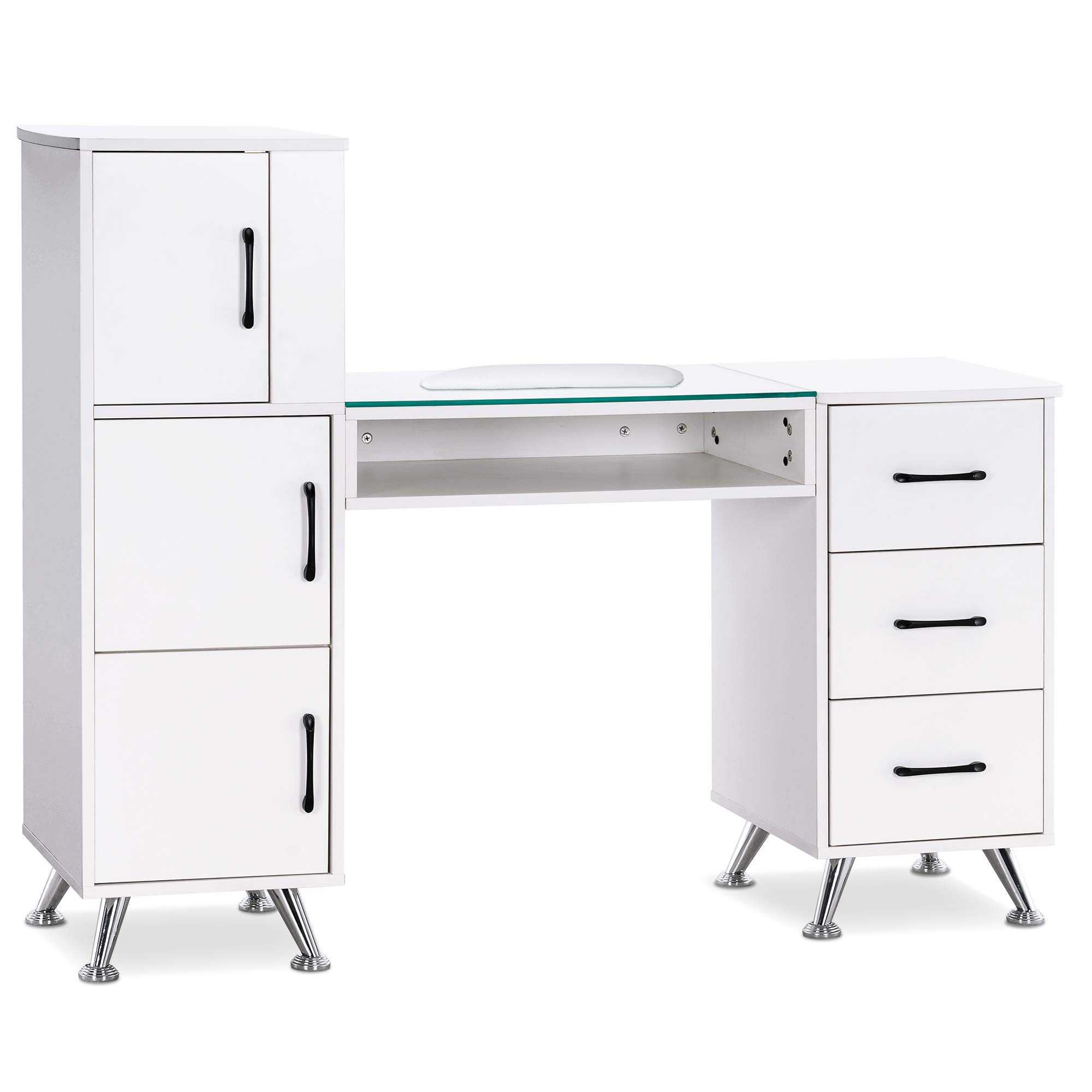 BarberPub Manicure Table, Nail Makeup Desk with Drawers, Storage Beauty Salon Workstation 2611 (White)