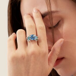 Anthia Jewelry Womens Sterling Silver Sparky Bling Brilliant Cushion Cut Gemstones Floral Filigree Cute Flowers Cubic Zirconia Statement Accessory Jewelry Band Ring,Light Blue,Size 8,RS4693 09 08