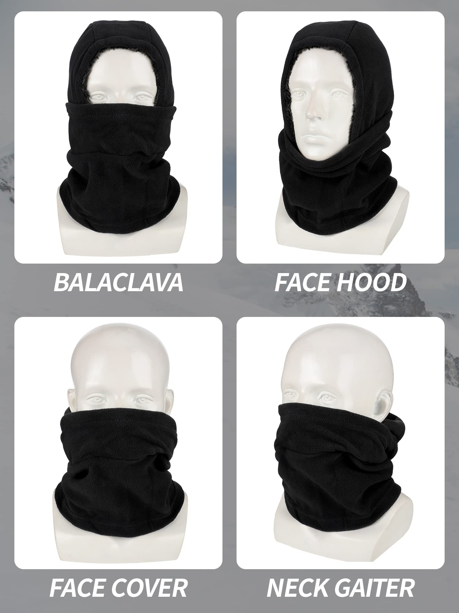 Winter Balaclava Hat Fleece Full Face Covering Scarf with Drawstring (Grey, Black, 2)