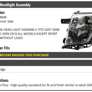 Left Driver Side Headlight Assembly - Compatible with 2007-2010 Ford Edge (with Bright Bezel without Logo) Excludes Sport