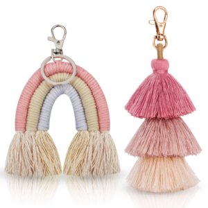 hicarer 2 pieces boho rainbow keychains pom pom tassel macrame keychains for women(fresh color)