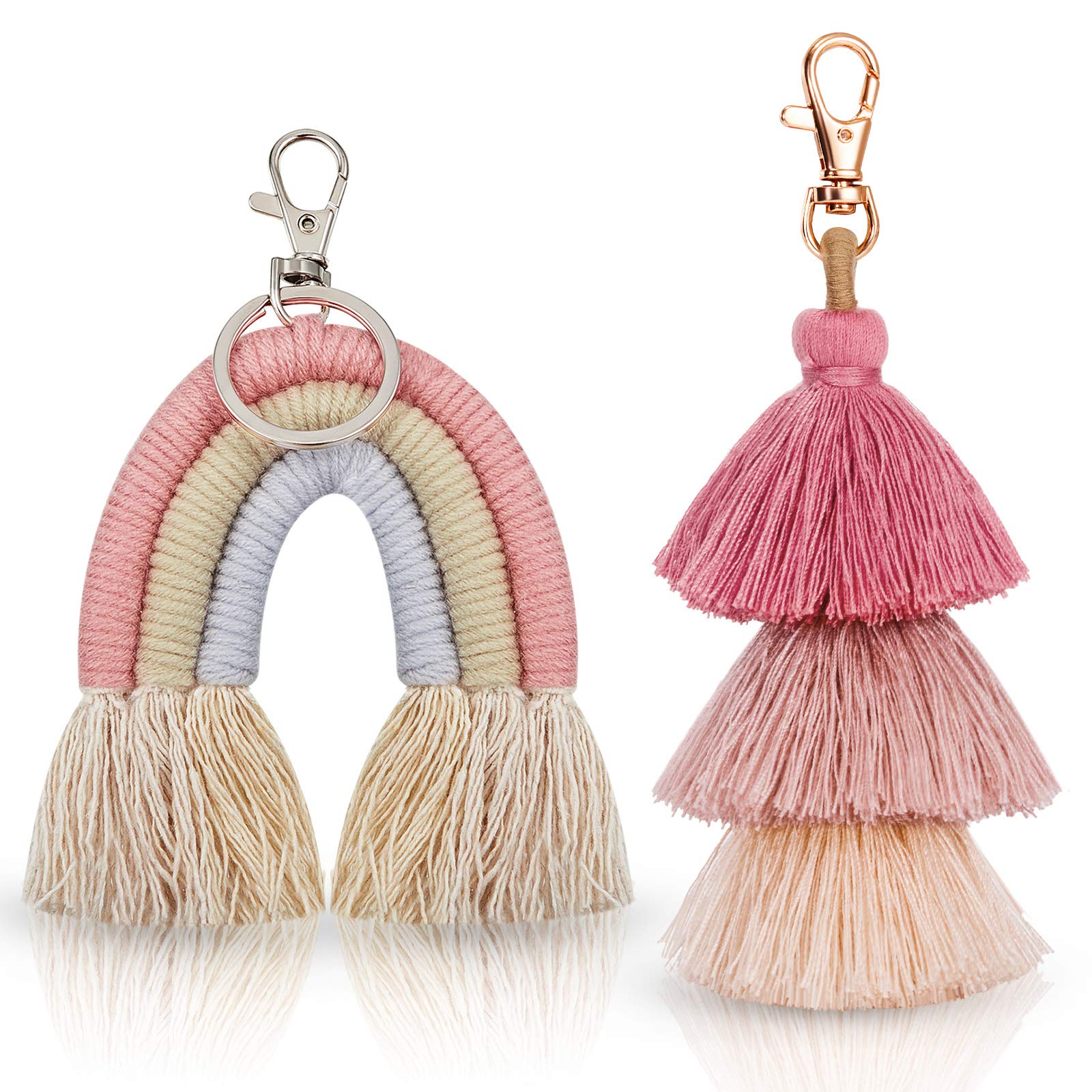 Hicarer 2 Pieces Boho Rainbow Keychains Pom Pom Tassel Macrame Keychains for Women(Fresh Color)