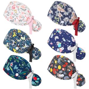 6 pcs scrub caps women nursing hats with buttons adjustable ponytail holder bouffant turban hats (retro patterns)