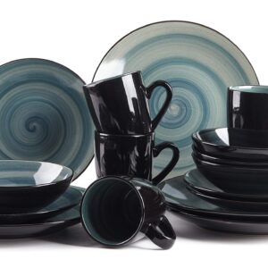 HomeVss, Stoneware Sonoma 16pc Dinnerware Set, Black + Speckled Spin Wash Blue