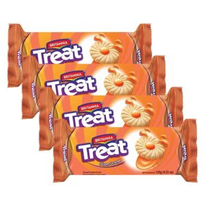 Britannia Treat O'som Orange Sandwich Biscuits 4.23oz (120g) - Breakfast & Tea Time Snacks - Delicious Grocery Cookies (Pack of 4)