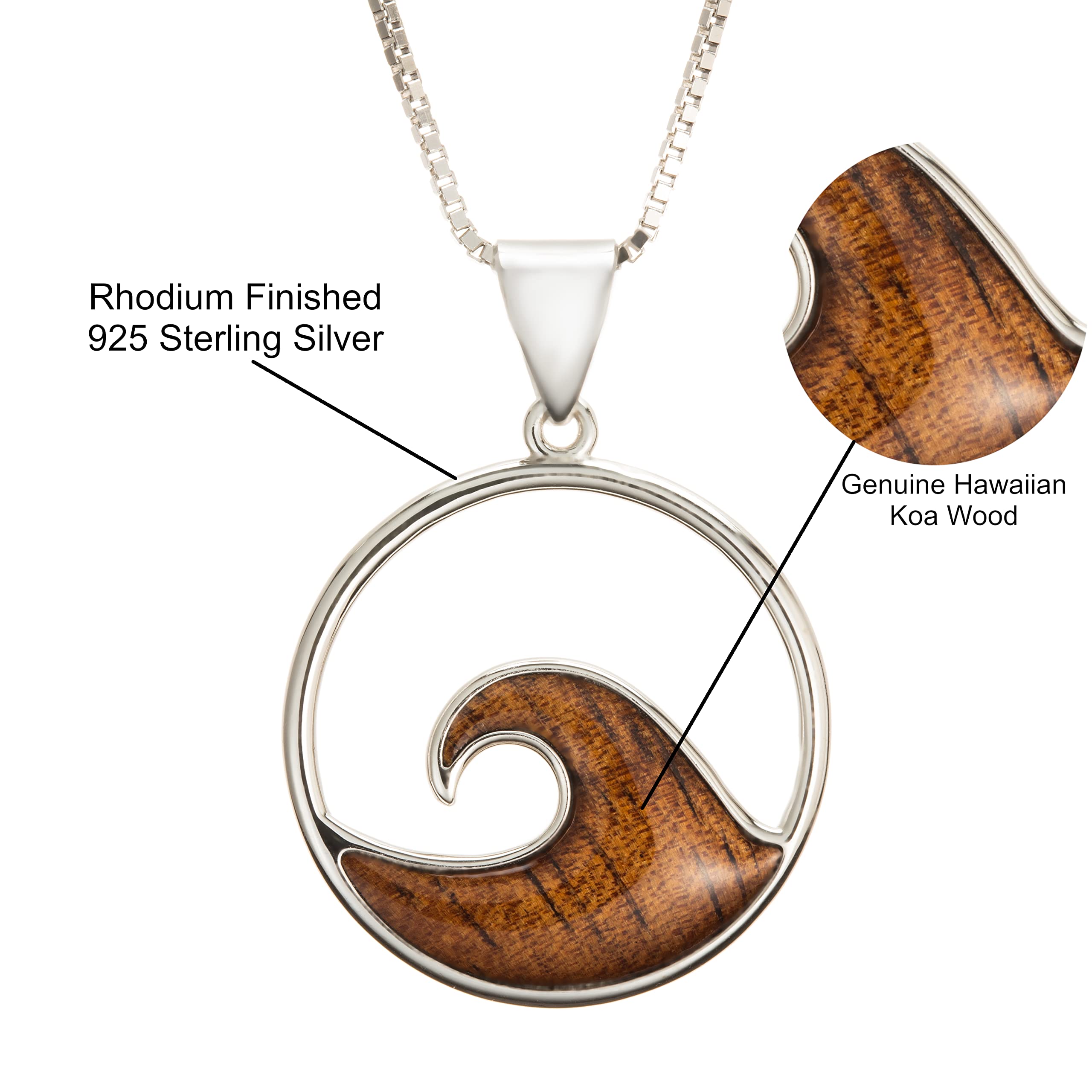 Aloha Jewelry Company 925 Sterling Silver Hawaiian Koa Wood Ocean Wave Necklace Pendant with 18" Box Chain, Nickle Free Hypoallergenic for Sensitive Skin, Gift Box Included