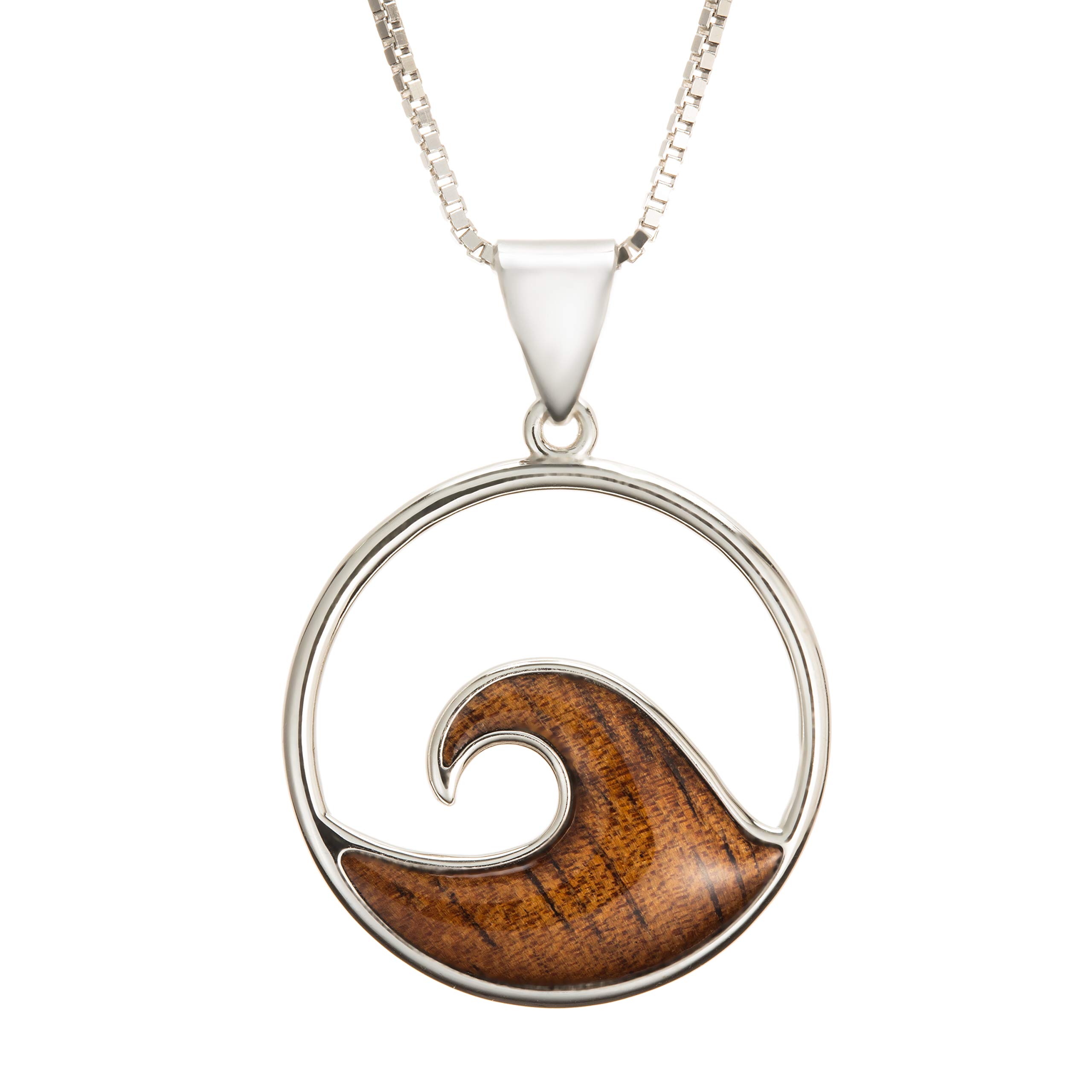 Aloha Jewelry Company 925 Sterling Silver Hawaiian Koa Wood Ocean Wave Necklace Pendant with 18" Box Chain, Nickle Free Hypoallergenic for Sensitive Skin, Gift Box Included