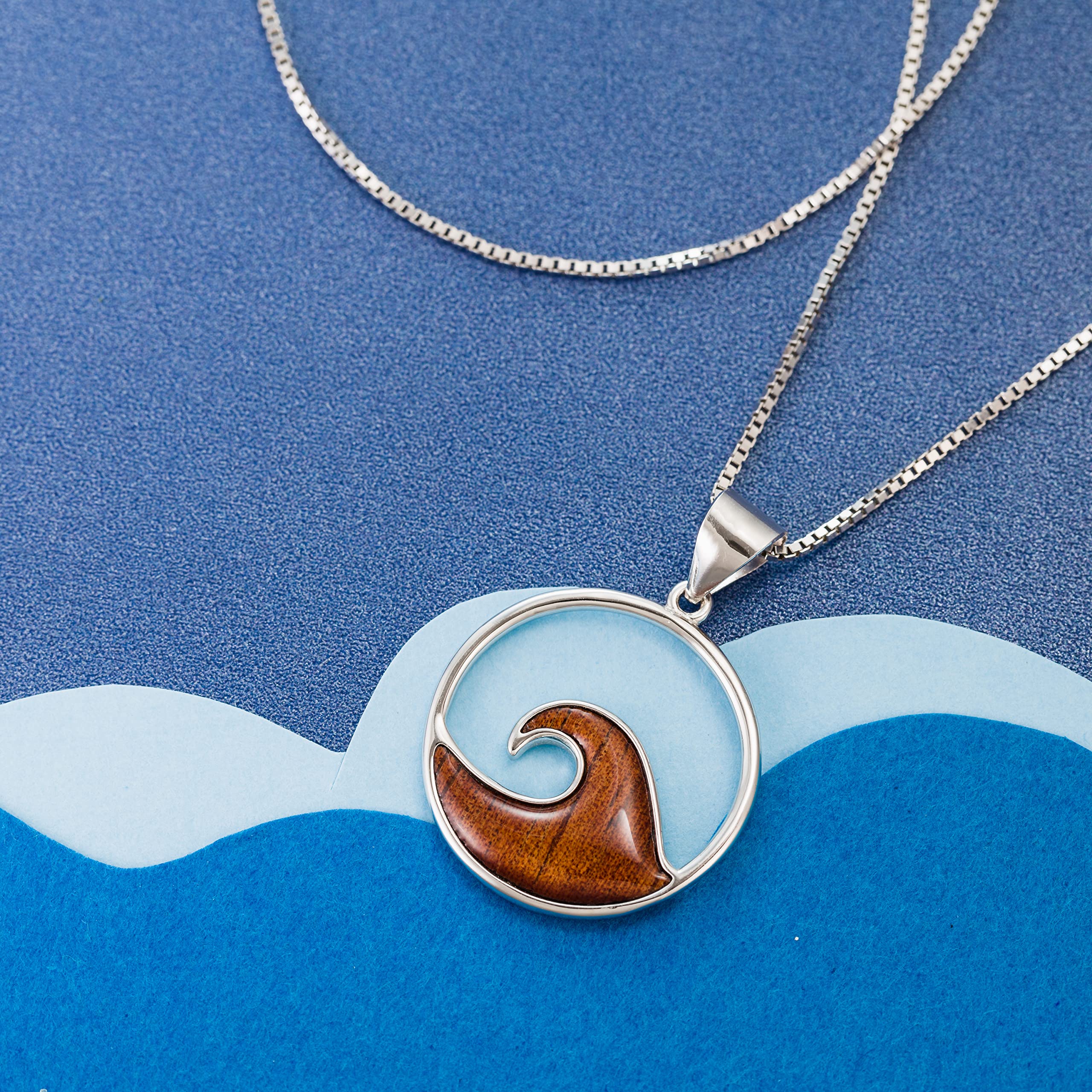 Aloha Jewelry Company 925 Sterling Silver Hawaiian Koa Wood Ocean Wave Necklace Pendant with 18" Box Chain, Nickle Free Hypoallergenic for Sensitive Skin, Gift Box Included