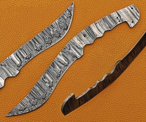 11 inches long dao blade hunting knife, hand forged ladder pattern damascus steel blade, 5" finger serration scale space with 4 pin hole, 6" trailing point dao blade with 5.5" cutting edge