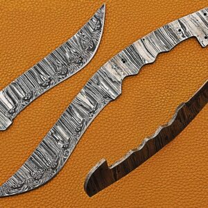 11 inches Long Dao Blade Hunting Knife, Hand Forged Ladder Pattern Damascus Steel Blade, 5" Finger Serration Scale Space with 4 Pin Hole, 6" Trailing Point Dao Blade with 5.5" Cutting Edge