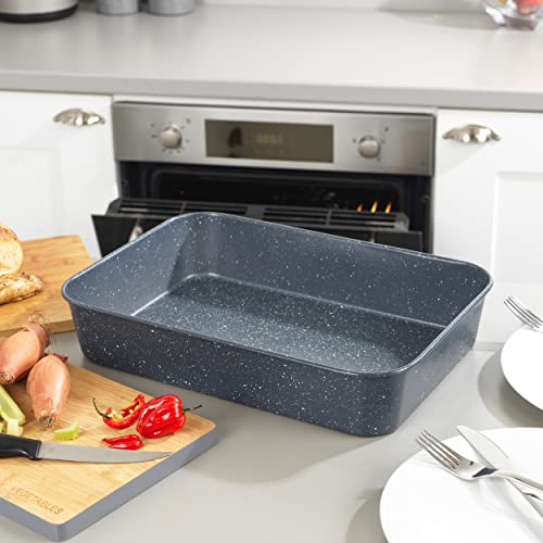 Russell Hobbs RH01832EU Deep Roasting Pan, Non-Stick Carbon Steel Roaster, Tall Sides Baking Tray for Meats, Vegetables, Large Oven Tin, Family Size, Nightfall Stone Collection, Blue Marble, 39 cm