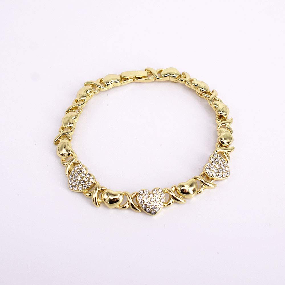 Women's Girls XOXO Hugs & Kisses Shiny Hearts Bracelet Real Gold Plated 7.5"