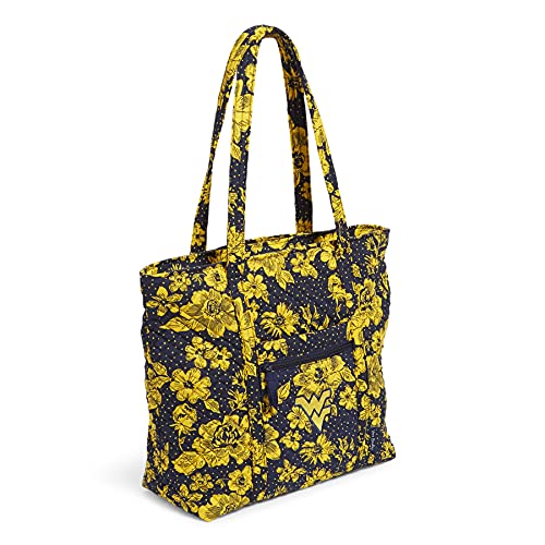 Vera Bradley Women's Cotton Collegiate Vera Tote Bag (Multiple Teams Available), West Virginia University Navy/Gold Rain Garden - Recycled Cotton, One Size