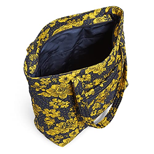 Vera Bradley Women's Cotton Collegiate Vera Tote Bag (Multiple Teams Available), West Virginia University Navy/Gold Rain Garden - Recycled Cotton, One Size