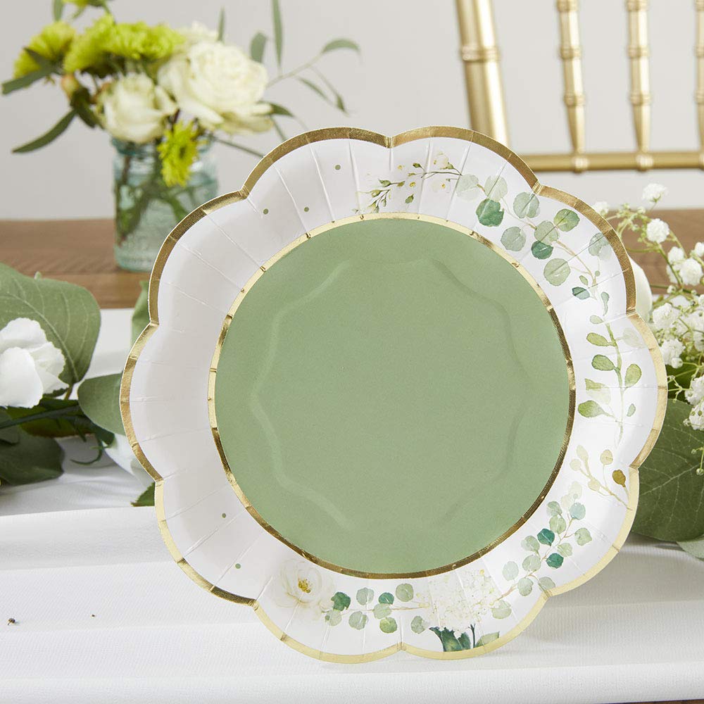 Kate Aspen Sage Green Party Decorations, Eucalyptus Floral Print 7 in. Decorative Premium Paper Plates (350 GSM weight -Set of 16) - Perfect for Greenery Baby Shower & Bridal Showers