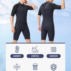 Shorty Wetsuit Men,2mm Neoprene Short Sleeves Wet Suits Back Zip, 1.5mm Shorty Surf Suit Keep Warm in Cold Water for Snorkeling Kayaking Boarding(Dark Blue 2mm,XX-Large)