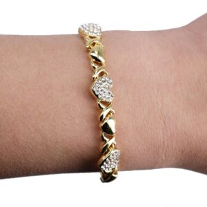 Women's Girls XOXO Hugs & Kisses Shiny Hearts Bracelet Real Gold Plated 7.5"