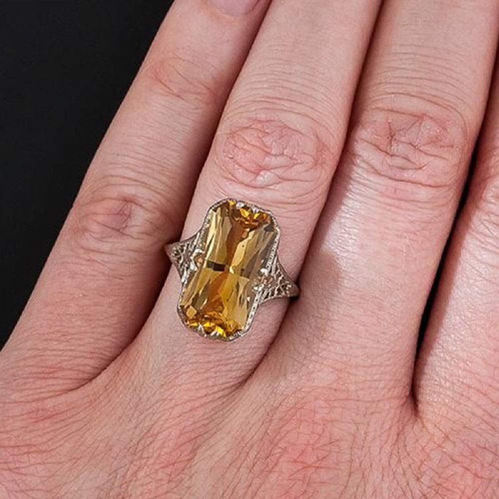 XINQI Citrine Hollow Carved Ring CZ Natural Citrine White Gold Plated 925 Silver Ring (7)