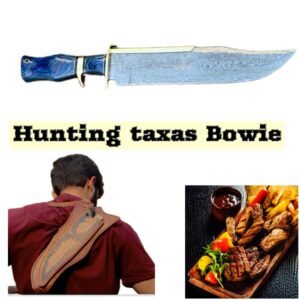 NoonKnives: 15" Hand Made Damascus Steel Collectible TEXAS Bowie Knife Handle pakka wood with brass clip (blue) (blue taxas)