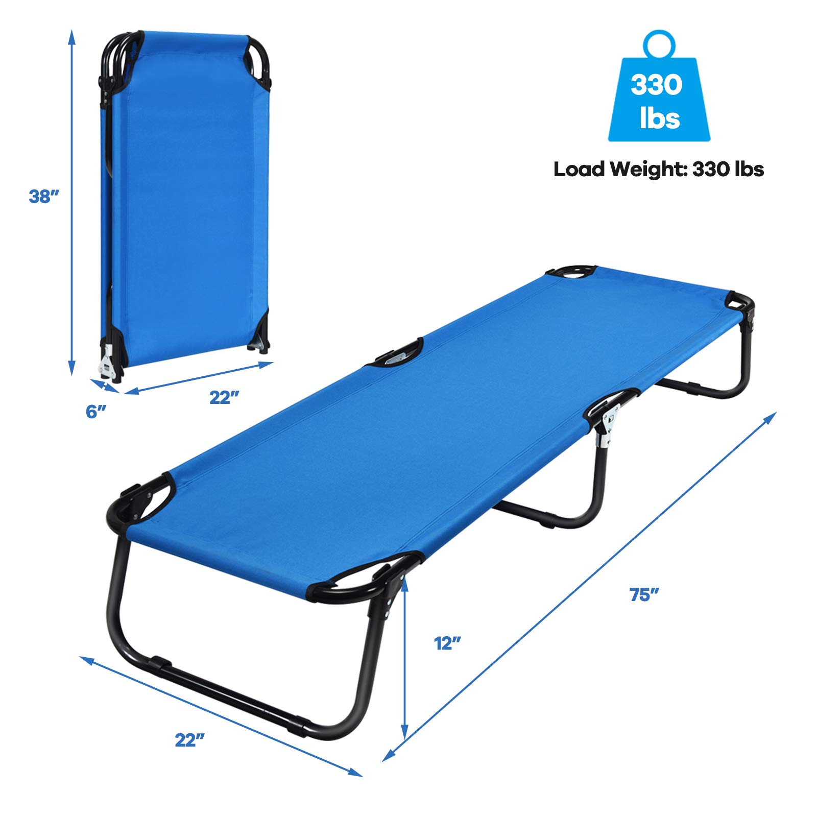 GYMAX Camping Cot, 330 LBS Folding Cot for Sleeping, Easy Set Up Cot Bed for Adults, Indoor &Outdoor Travel Adventure Picnic Hiking Cot for Patio Yard Home Office (Blue)