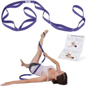 stretch strap with loops for physical therapy, flexibility, range of motion and workouts with exercise book. non-elastic band for yoga, pilates. stretch out hamstring, knee, calf, back, shoulder