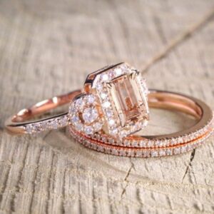 LRGKMCWTOB Gorgeous 18K Rose Gold Filled Morganite Ring Engagement Bridal Women Jewelry Set Size 6-10 (Size 8)