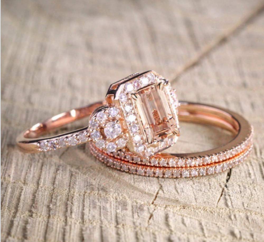 LRGKMCWTOB Gorgeous 18K Rose Gold Filled Morganite Ring Engagement Bridal Women Jewelry Set Size 6-10 (Size 8)