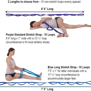 Stretch Strap with Loops for Physical Therapy, Flexibility, Range of Motion and Workouts with Exercise Book. Non-Elastic Band for Yoga, Pilates. Stretch Out Hamstring, Knee, calf, Back, Shoulder