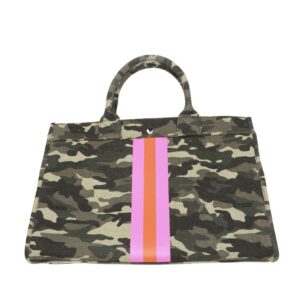 Milly Kate Camouflage Tote Handbag with Stripes, Stylish, Trendy, Preppy, Fashionable, Upscale Bag, Detachable Strap, Inside Pockets, Designer Purse Exclusive to, 10” x 15”