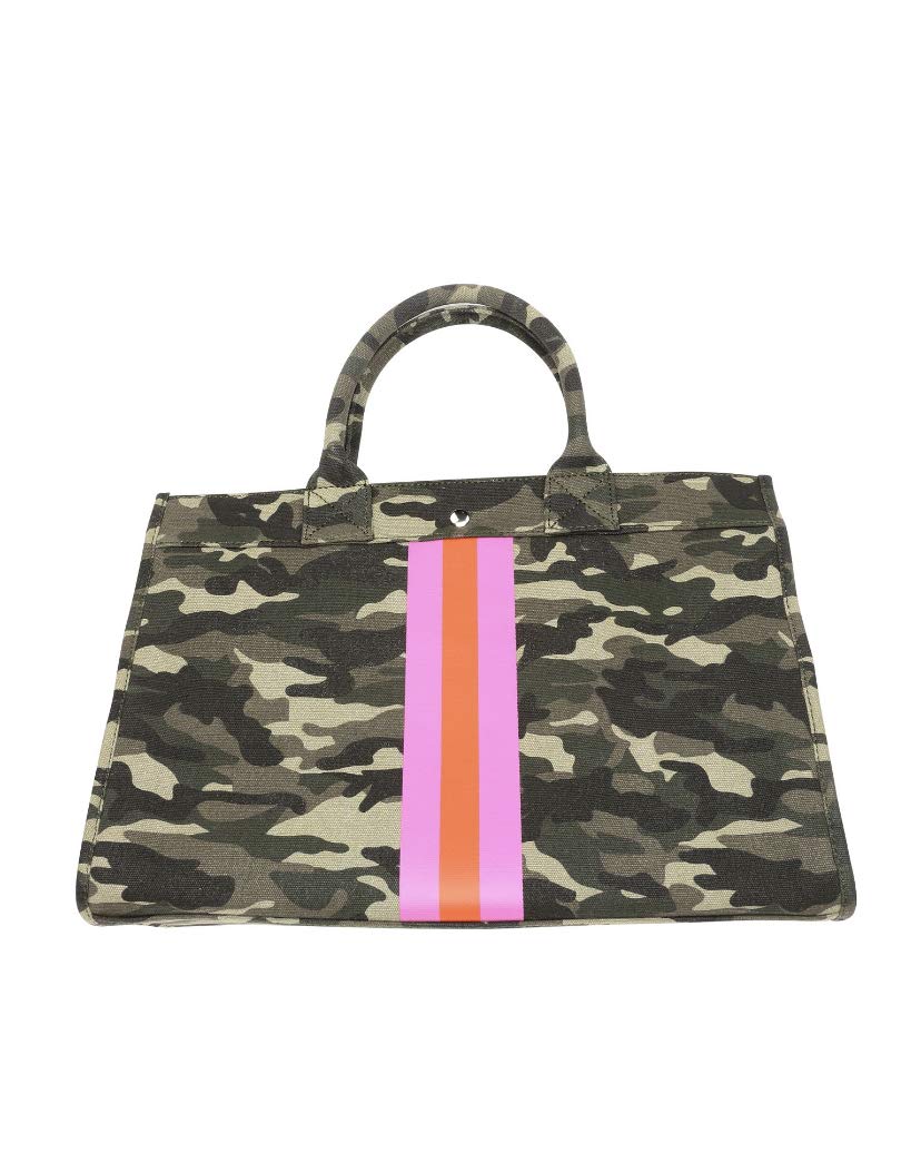 Milly Kate Camouflage Tote Handbag with Stripes, Stylish, Trendy, Preppy, Fashionable, Upscale Bag, Detachable Strap, Inside Pockets, Designer Purse Exclusive to, 10” x 15”