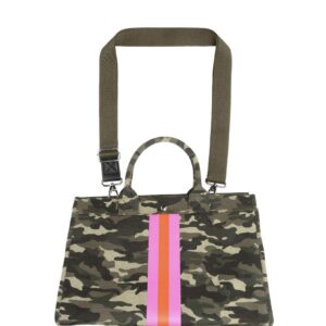 Milly Kate Camouflage Tote Handbag with Stripes, Stylish, Trendy, Preppy, Fashionable, Upscale Bag, Detachable Strap, Inside Pockets, Designer Purse Exclusive to, 10” x 15”