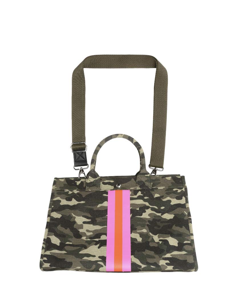 Milly Kate Camouflage Tote Handbag with Stripes, Stylish, Trendy, Preppy, Fashionable, Upscale Bag, Detachable Strap, Inside Pockets, Designer Purse Exclusive to, 10” x 15”