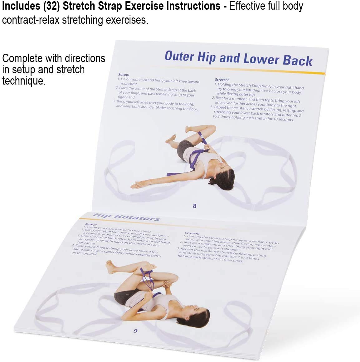 Stretch Strap with Loops for Physical Therapy, Flexibility, Range of Motion and Workouts with Exercise Book. Non-Elastic Band for Yoga, Pilates. Stretch Out Hamstring, Knee, calf, Back, Shoulder