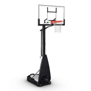 the ultimate hybrid, 54" glass, alum trim, 3 piece 4" pole, screw jack lift, arena slam rim, board pad- hybrid