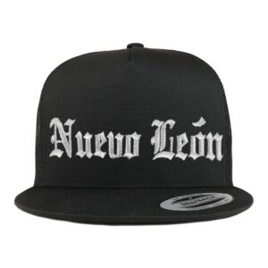 trendy apparel shop old english nuevo leon white embroidered 5 panel flatbill trucker mesh cap- black