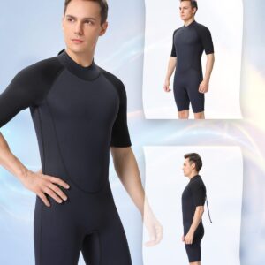 Shorty Wetsuit Men,2mm Neoprene Short Sleeves Wet Suits Back Zip, 1.5mm Shorty Surf Suit Keep Warm in Cold Water for Snorkeling Kayaking Boarding(Dark Blue 2mm,XX-Large)