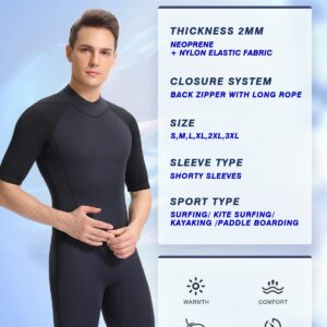 Shorty Wetsuit Men,2mm Neoprene Short Sleeves Wet Suits Back Zip, 1.5mm Shorty Surf Suit Keep Warm in Cold Water for Snorkeling Kayaking Boarding(Dark Blue 2mm,XX-Large)