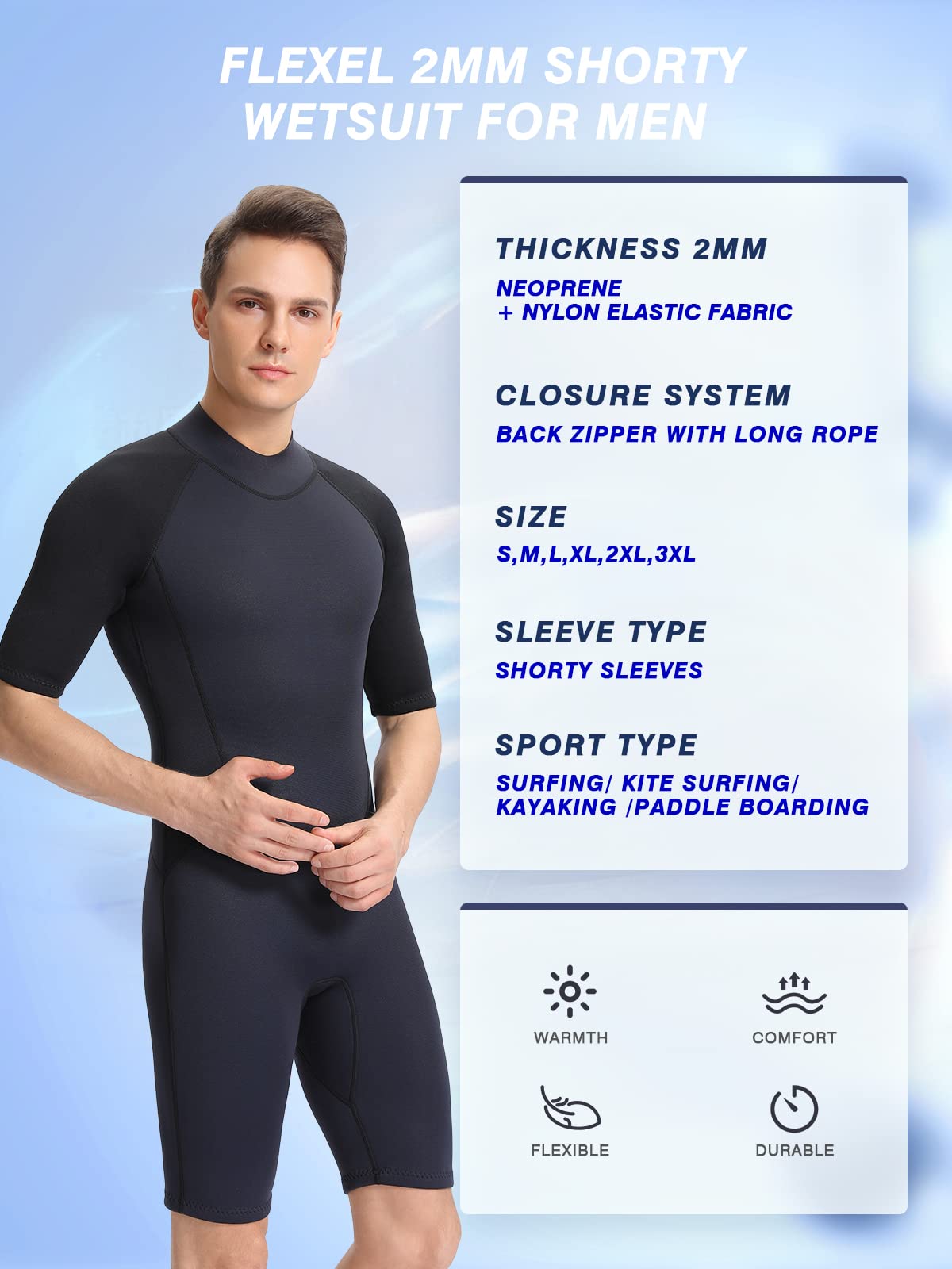 Shorty Wetsuit Men,2mm Neoprene Short Sleeves Wet Suits Back Zip, 1.5mm Shorty Surf Suit Keep Warm in Cold Water for Snorkeling Kayaking Boarding(Dark Blue 2mm,XX-Large)