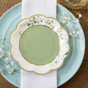 Kate Aspen Sage Green Party Decorations, Eucalyptus Floral Print 7 in. Decorative Premium Paper Plates (350 GSM weight -Set of 16) - Perfect for Greenery Baby Shower & Bridal Showers